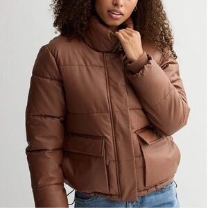 MADDEN GIRL Juniors Faux Leather Short Puffer Jacket Cognac Brown Sz M New